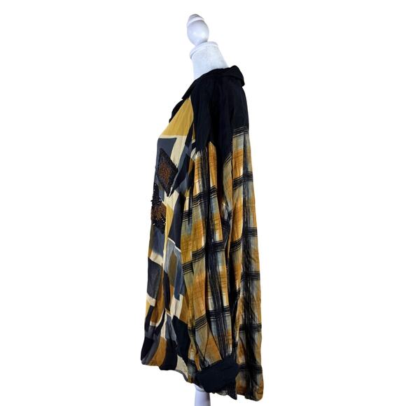 Quirky Button-Up Tunic B.O.P 1X Black Gold Plaid‎ Abstract Patchwork Artsy Boho - Picture 6 of 9